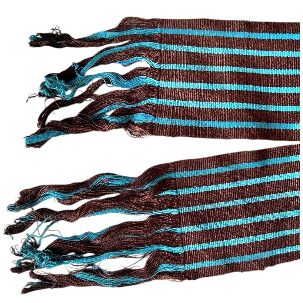 Guatemalan Handwoven Sash Belt 82" With Fringe Turquoise Blue & Brown Stripes - Picture 7 of 7